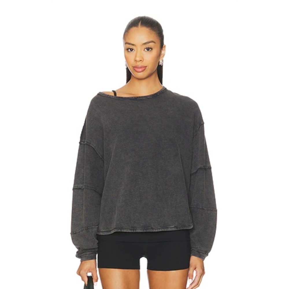 We The Free Free People Women Large Charcoal Grey Ribbed Seam Long Sleeve Top